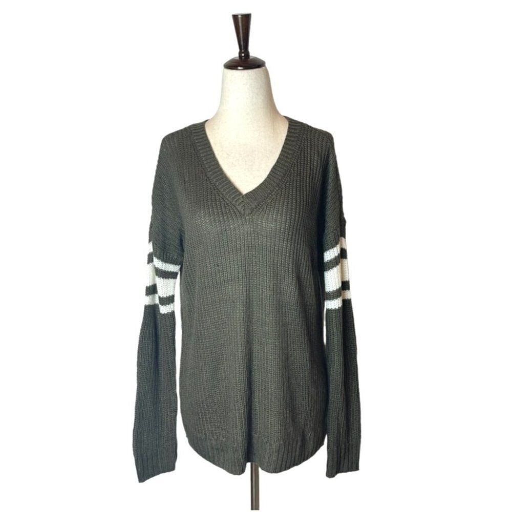 Pink Rose Shirt Women Small Olive Green NWT V Neck Striped Sleeve Knit Pullover